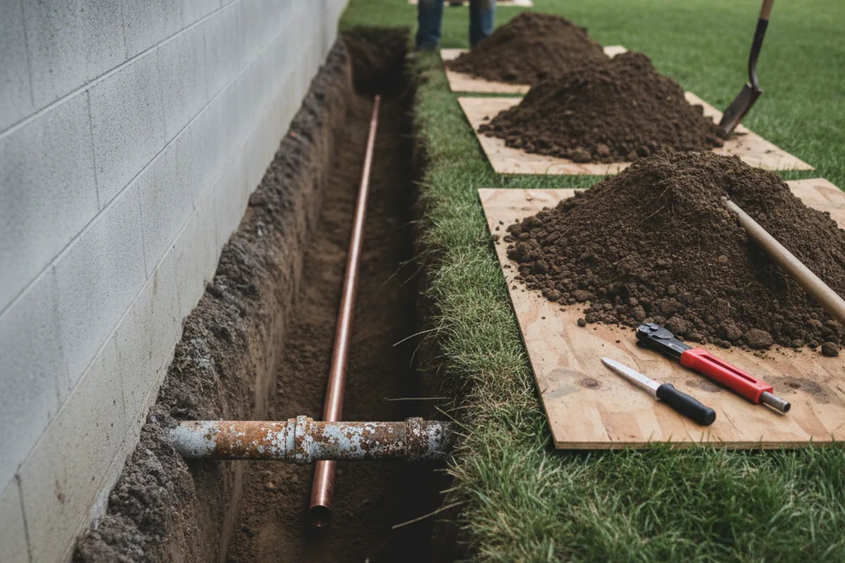 Excavated water line trench during Sewer Line Repair in Vanduser